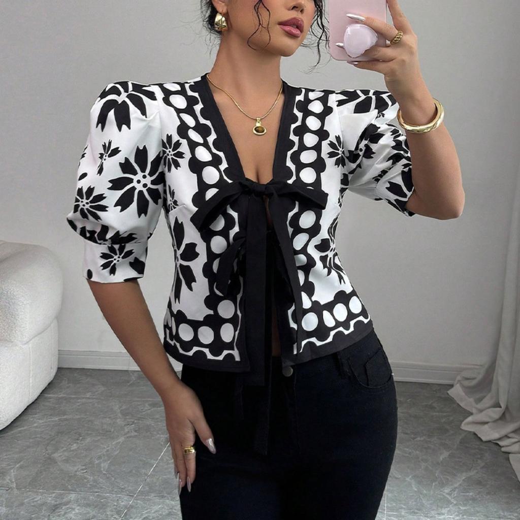 Women's V Neck Three Quarter Sleeve Blouse Regular Fit Elegant Floral Print Shirt