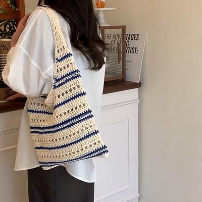 Chic Blue & White Striped Knit Crochet Shoulder Bag Versatile Large Capacity Hollow Out Casual Tote for Women Summer Beach Vacations KTY