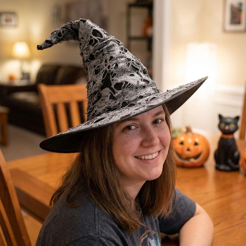 Large Wide Brim Ripped Tattered Witch Hat Tall Pointed Cone Top Pointed Mage Hat Halloween Party