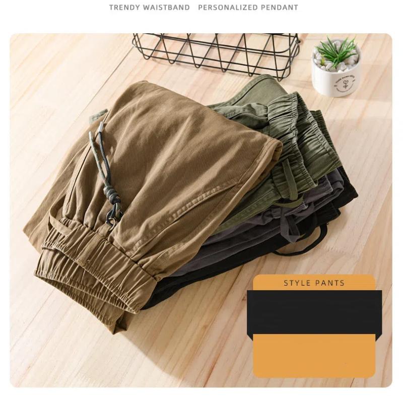 American Cargo Pants Autumn Pure Cotton Comfortable Casual Men Pants Elastic Waist Black Ankle Tied Pant Vintage Men Trousers