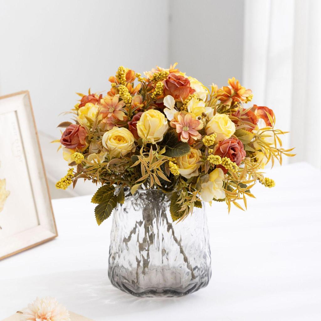 Autumn-Inspired Nordic Silk Rose Bouquet – Artificial Floral Decor for Home & Living Room
