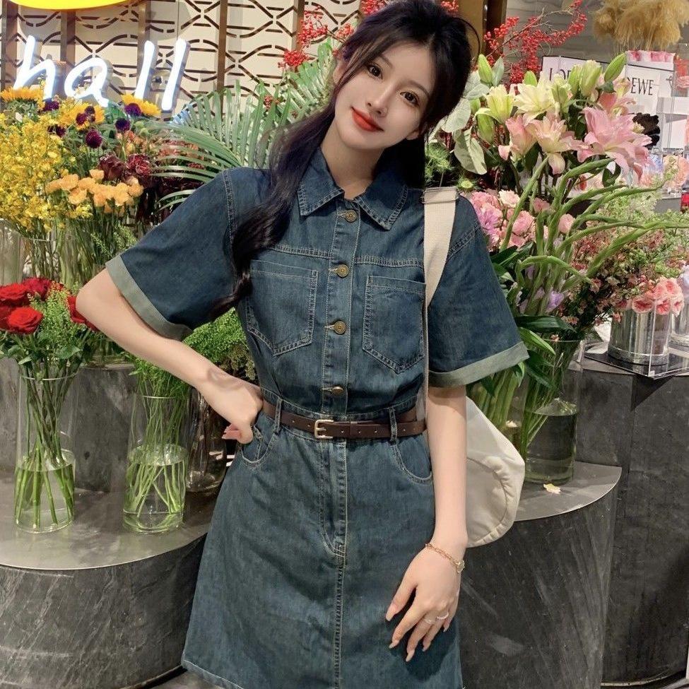 Women's Chic Hong Kong Style Retro Polo Collar Denim Dress - Slim-Fit, Waist-Cinching, Short Sleeve, Mid-Length A-Line Skirt, Summer Collection