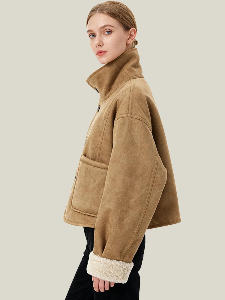 Women's Double-sided Winter Jacket Stand Up Collar Warm Jacket Women's Suede Lamb Wool Jacket Fashionable Thick Jacket Autumn and Winter