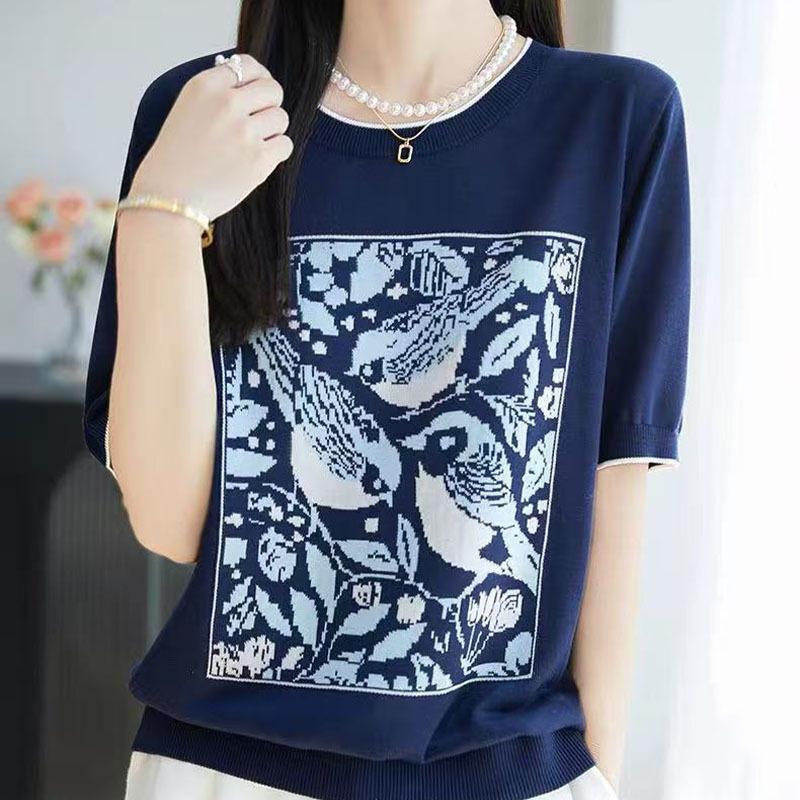 

This Summer s New Color-blocking Round-neck Bird-printed Knitted Short-sleeved T-shirt Is A Versatile and Thin Five-quarter Sleeve Top M темно-синього кольору
