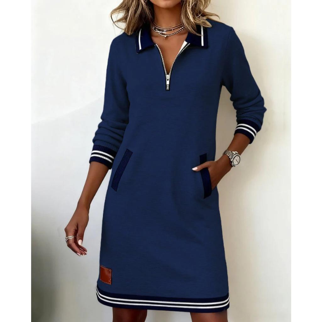 Fall Winter Women's Casual Color Block Dress Zip Collar Long Sleeve Pockets Dress European American Style