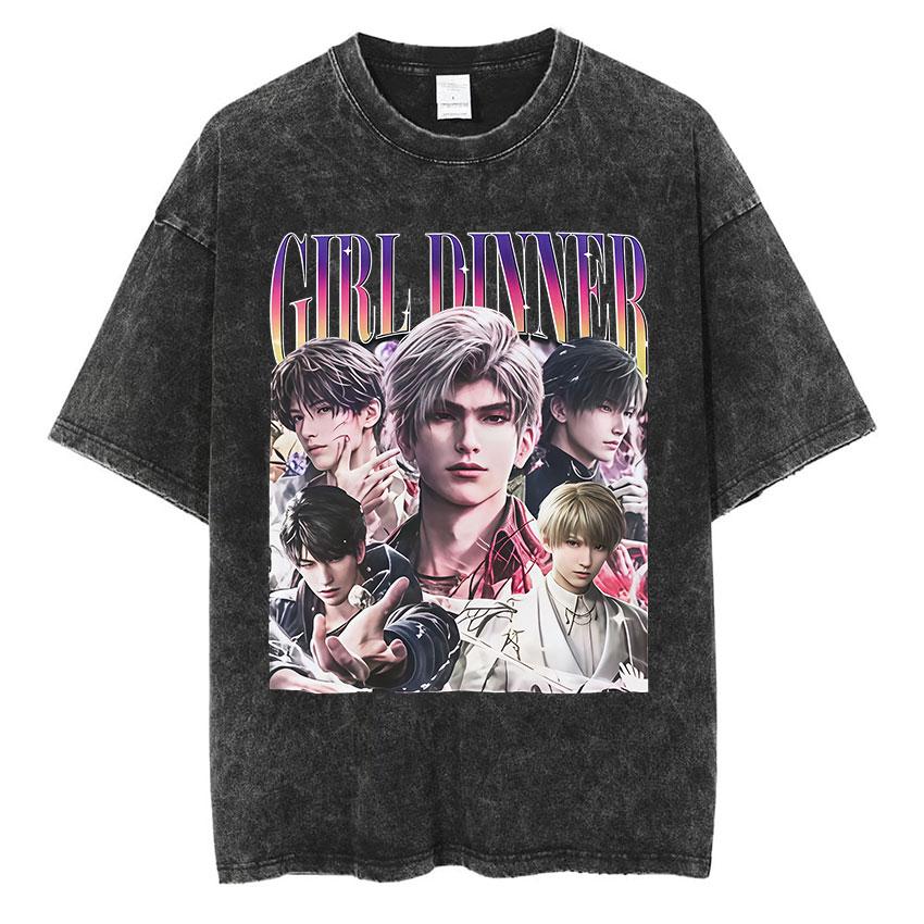 Vintage Washed Girl Dinner Rafayel Love and Deepspace T Shirt Unisex Summer ONeck Cotton Tshirt Fashion Tide Short Sleeve Tees