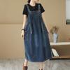 Retro Blaue Denim Ter Dr Damen Sommer Dstring Taille Raffung Schlankmachendes Band Dr Ele Lady Sle A-Linie Midi Dr