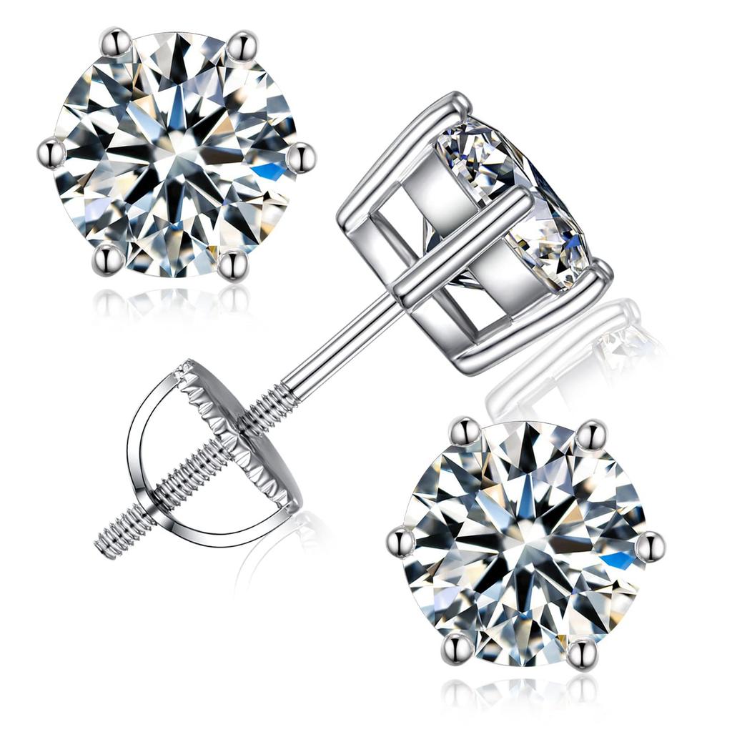 New S925 Sterling Silver Setting Round Faceted Cut Moissanite Diamond Women Ear Stud Earring Pair Fine Jewelry for Women Men
