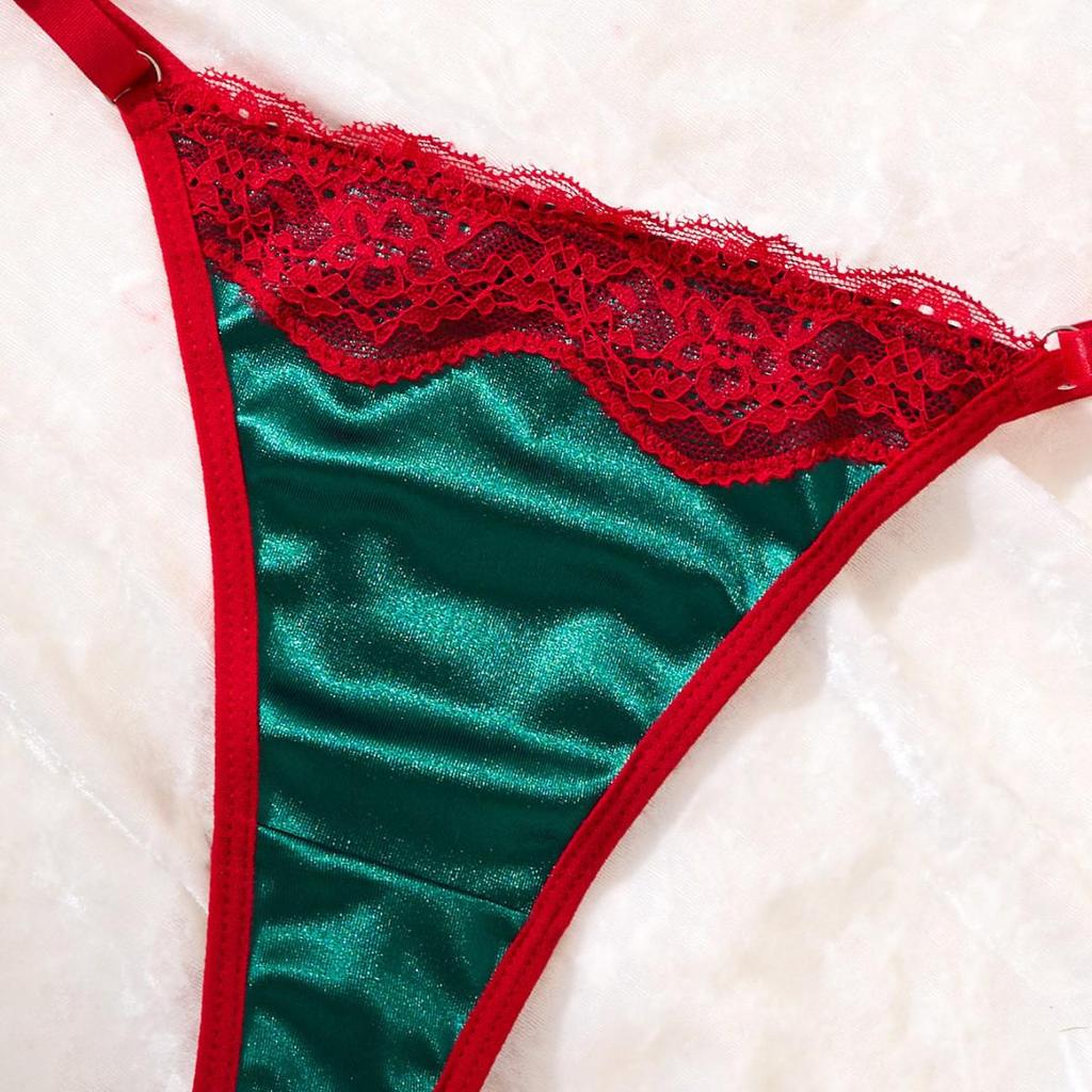 Festliches Spitze Grün & Rot Dessous-Set: BH & String für Damen
