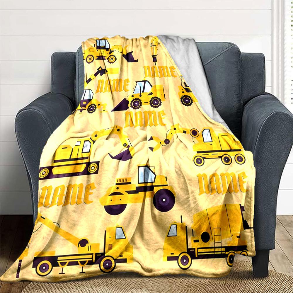 Construction Vehicles Pattern Lightweight Personalized Blanket Customize Your Name Soft Cozy Great For Sofa Couch Office Bed Picnics Four Seasons
