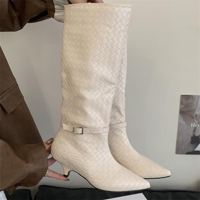 2025 autumn and winter European and American style woven big tube circumference boots temperament pointed head thin heel high heel but knee boots