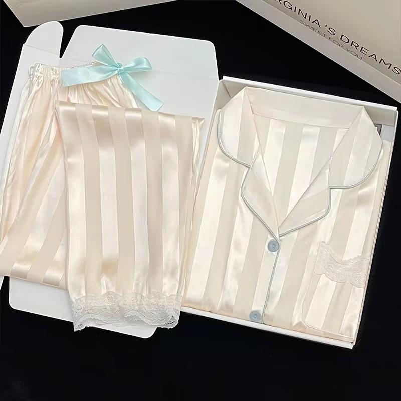 High Quality Light Luxury Ice Silk Pajamas Women's Pajama Spring and Autumn Style Long Sleeve Home Set Nightwear