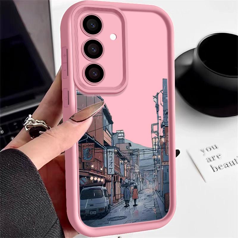 Silikon Mykt Deksel med Tegneserie By-mønster for Samsung S25 S24 S22 Ultra Plus S23 S21 S20 Fe A55 A54 A53 A35 A15 A16 Ensfarvet Linsebeskyttelsesdeksel