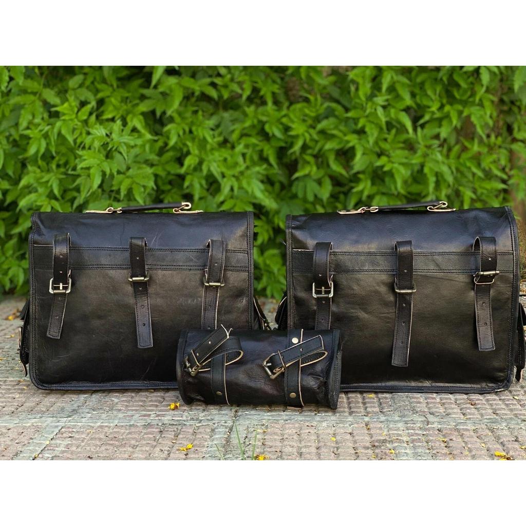 Bull Leather Motorcycle Side Pouch Saddle Panniers Bag Pouch 3 Bags