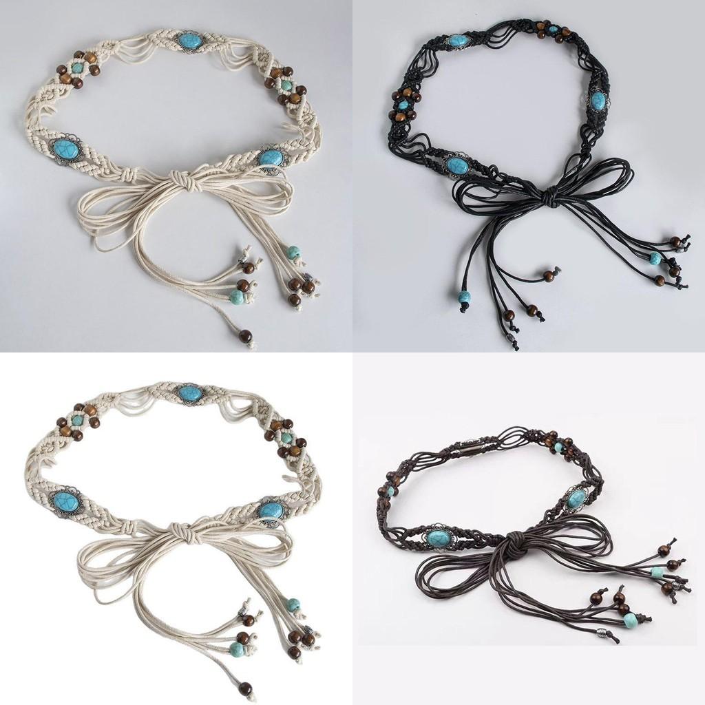 Bohemian Style Cotton Waist Belt With Turquoise Resin Beads For Summer Festival Outfits