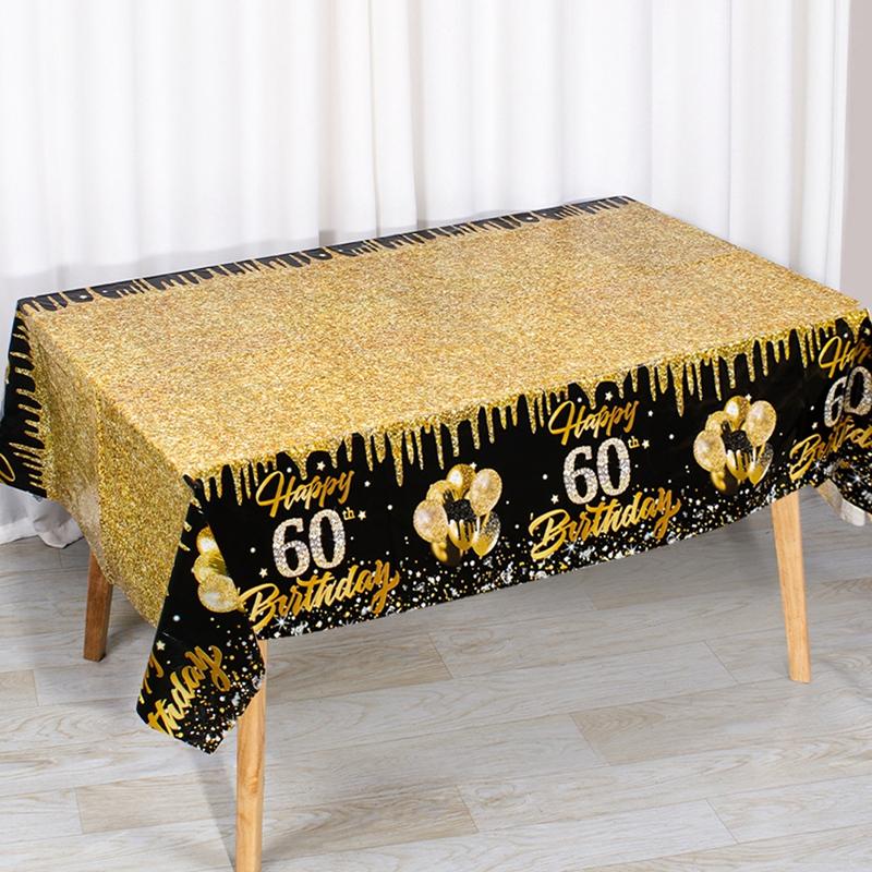 1pc Black and Gold Disposable Plastic Tablecloth for 30th, 40th, 50th, 60th Birthday Party Decorations Family Gathering