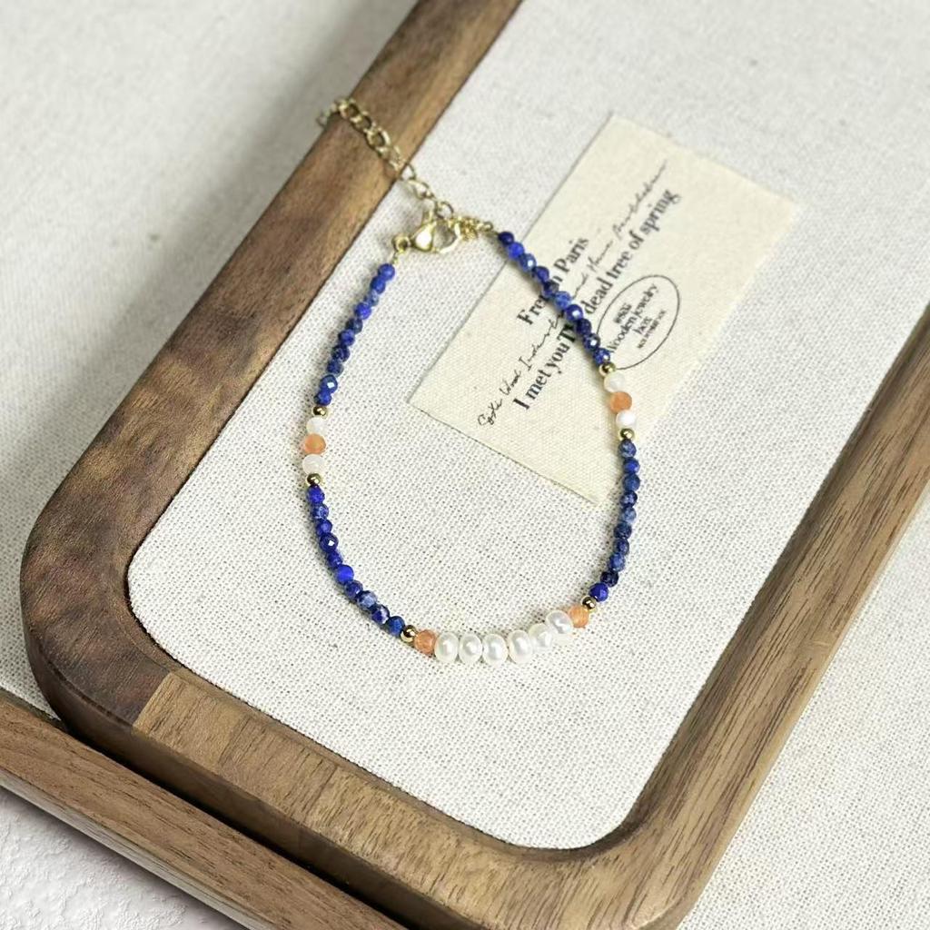 Ethnic Lapis Lazuli & Freshwater Pearl Bracelet with Dunhuang Yolk Stone, Agate, and Red Beads in Titanium Steel.