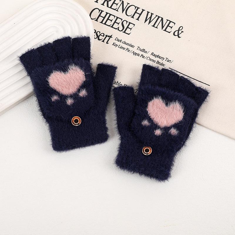 Winter Thicken Cat Paw Pattern Gloves for Women Girls Outdoor Warm Plush Mittens Fashion Solid Soft Plush Half Finger Gloves