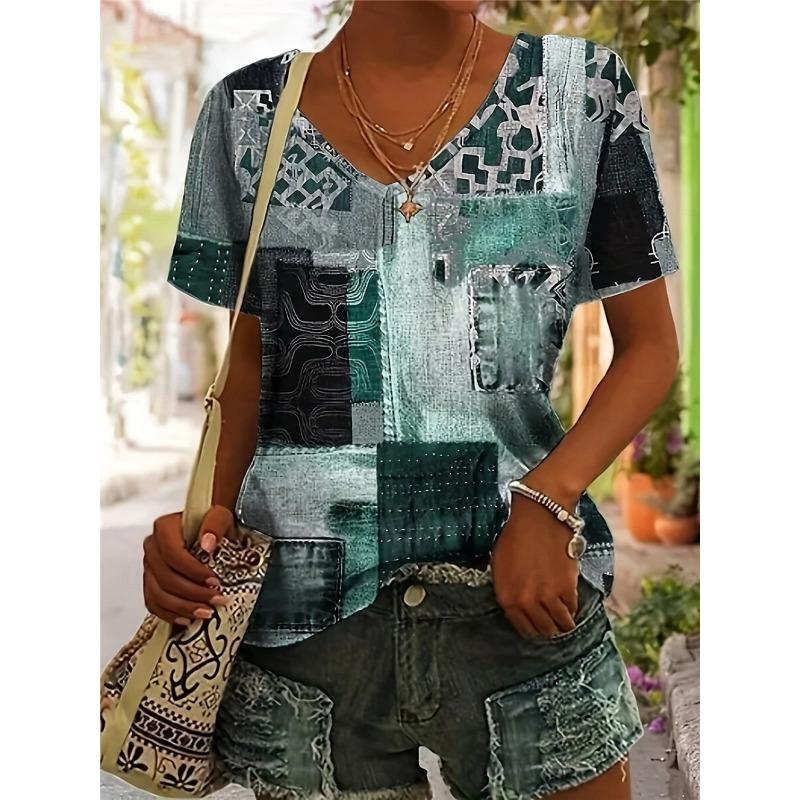 New Colorful Plaid Patchwork 3D Print T-Shirts Women's V-Neck Short Sleeve T Shirt Y2k Harajuku Tees Casual Tops Female Clothing
