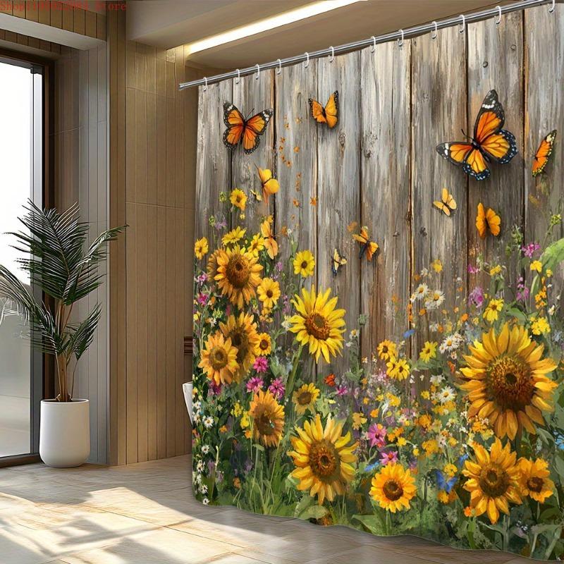 

1pc rustic wooden fence shower curtain whimsical garden - With Hooks Waterproof Mildew Proof Easy Install Washable 90x180cm