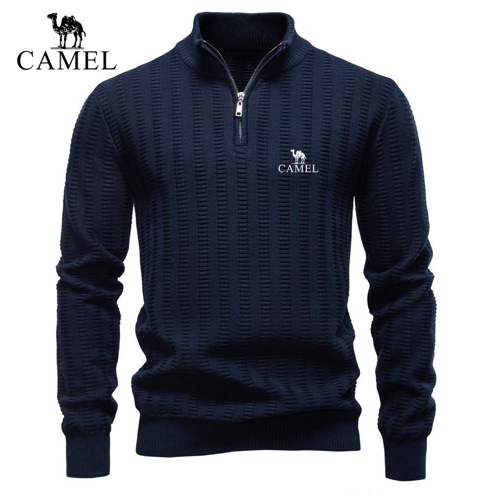 CAMEL 2026 Autumn and Winter Embroidery New Striped Jacquard Men s Plus Size Sweater, Half Zipper Stand Up Collar Business Sweater S