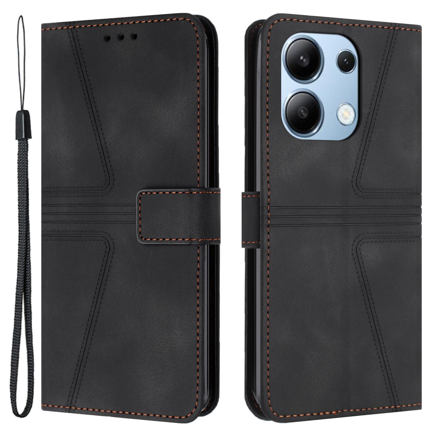 

Для Xiaomi Redmi Note 13 4G Кожаный чехол с треугольным тиснением, складная подставка, чехол для телефона Black