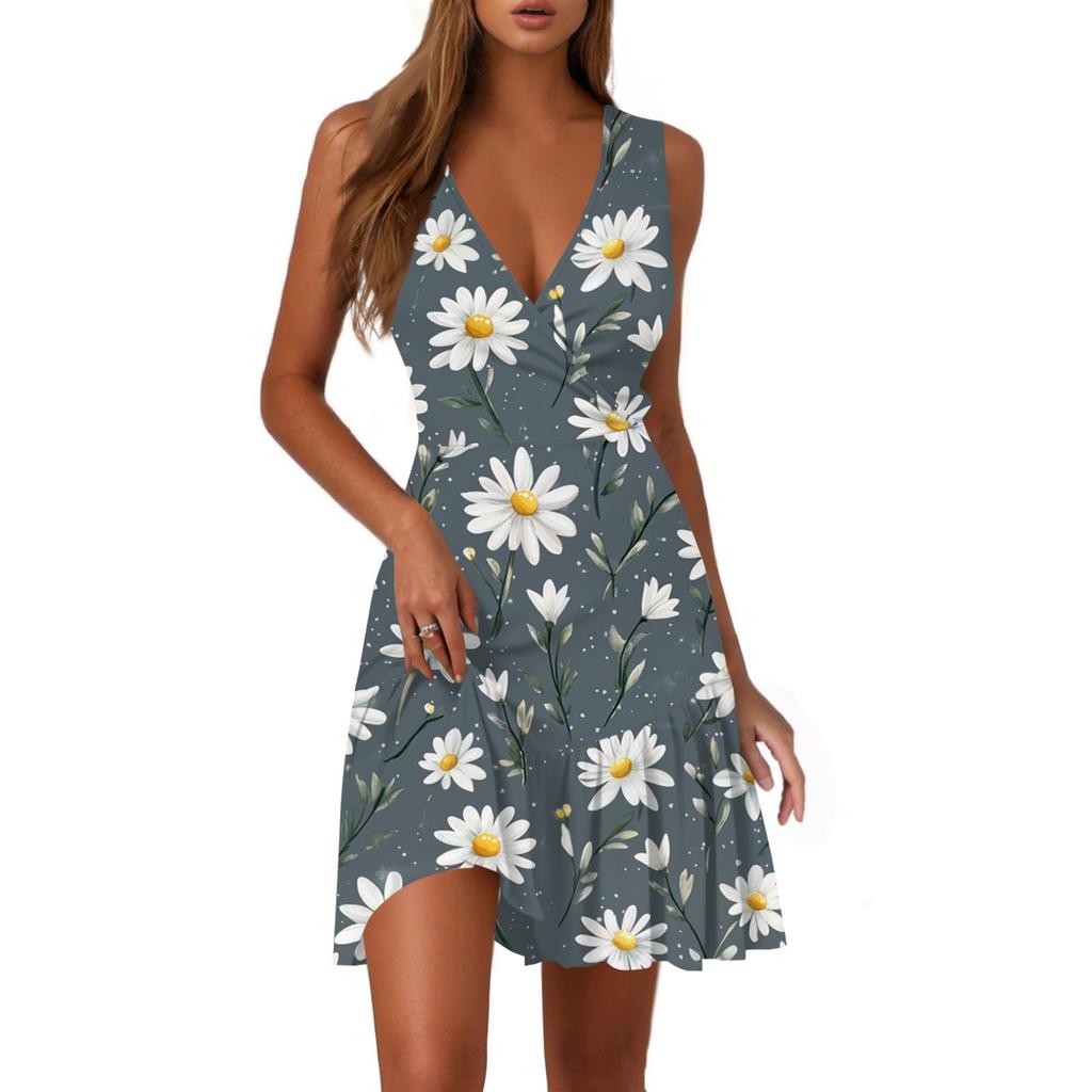 Dámské ležérní módní šaty s výstřihem do V, bez rukávů a s potiskem