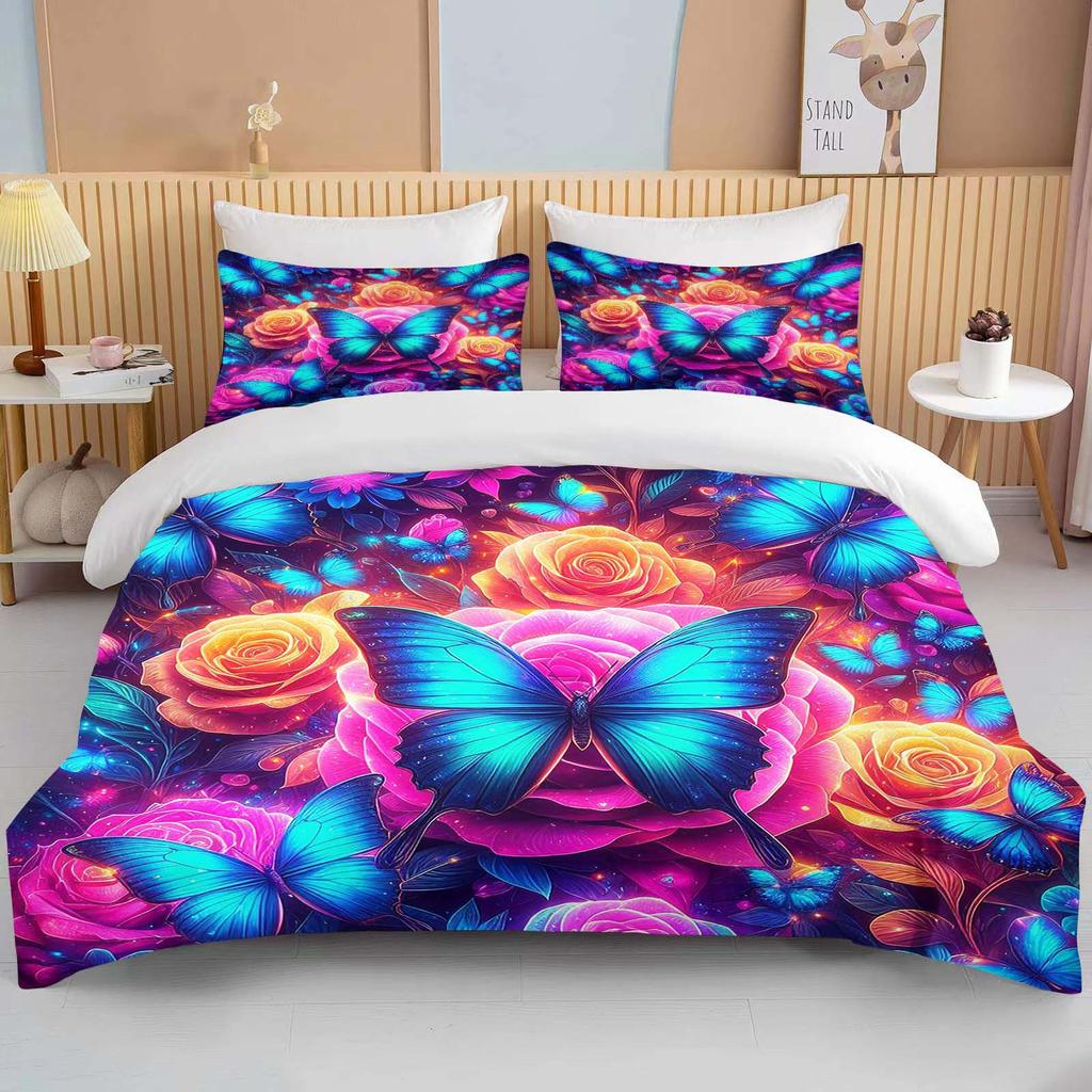 Neon Romantic Butterfly Roses Print Bedding Set Duvet Cover 1 Duvet Cover 2 Pillowcases Adult and Children Bedding Set Luxury