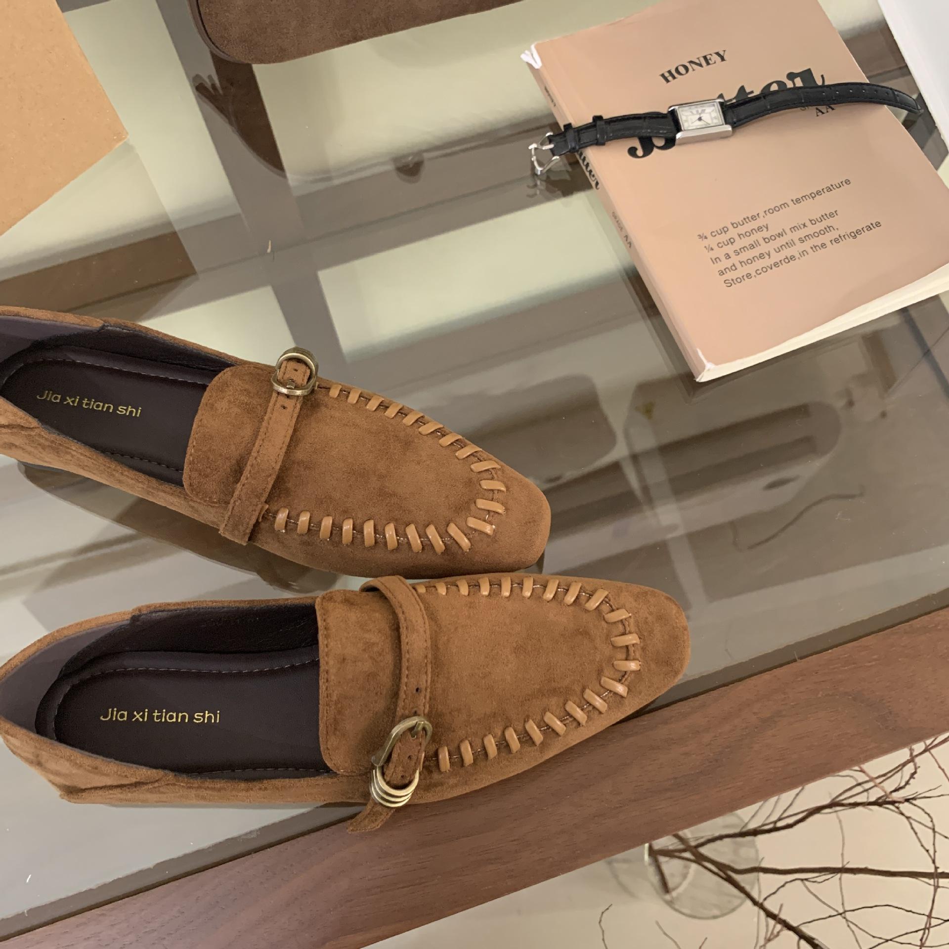 

Shoes 2025 new square head Mary Jane shoes women s low-heeled single shoes niche lazy soft-soled suede loafers 39 коричневый