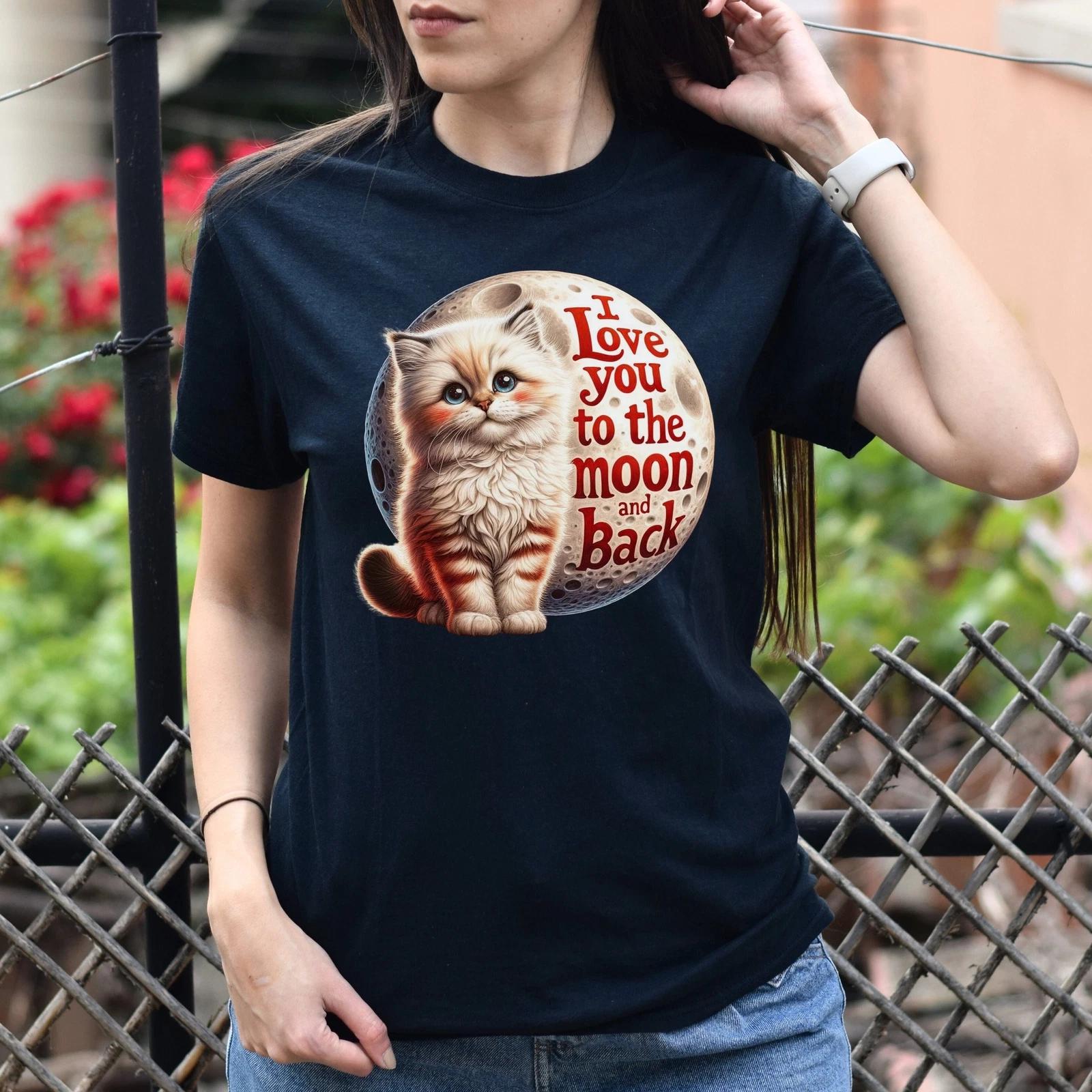 I love you to the moon in back Unisex T-shirt Cat and moon tee Black Navy Dark H S