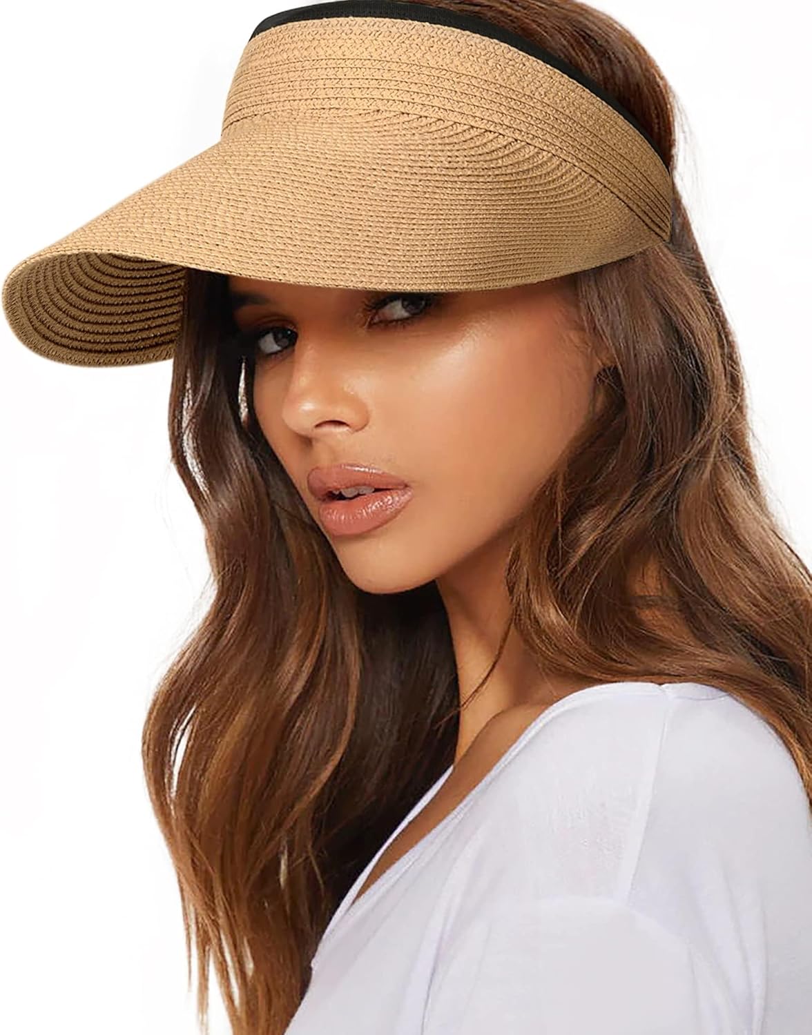 Zealous Sole Women's Straw Sun Visor Hat For Packable Ponytail Beach Hat, Upf 80+ Summer Travel Cm