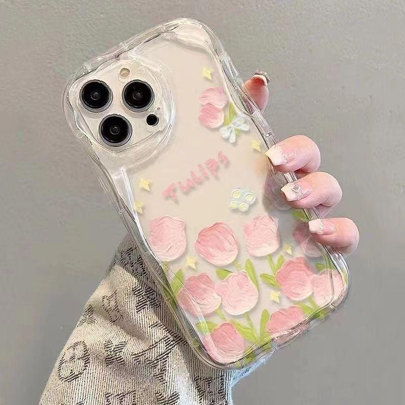 Pink Oil Painting Tulip iPhone17Promax Mobile Phone Case Transparent Application Apple 16promax Cream Case