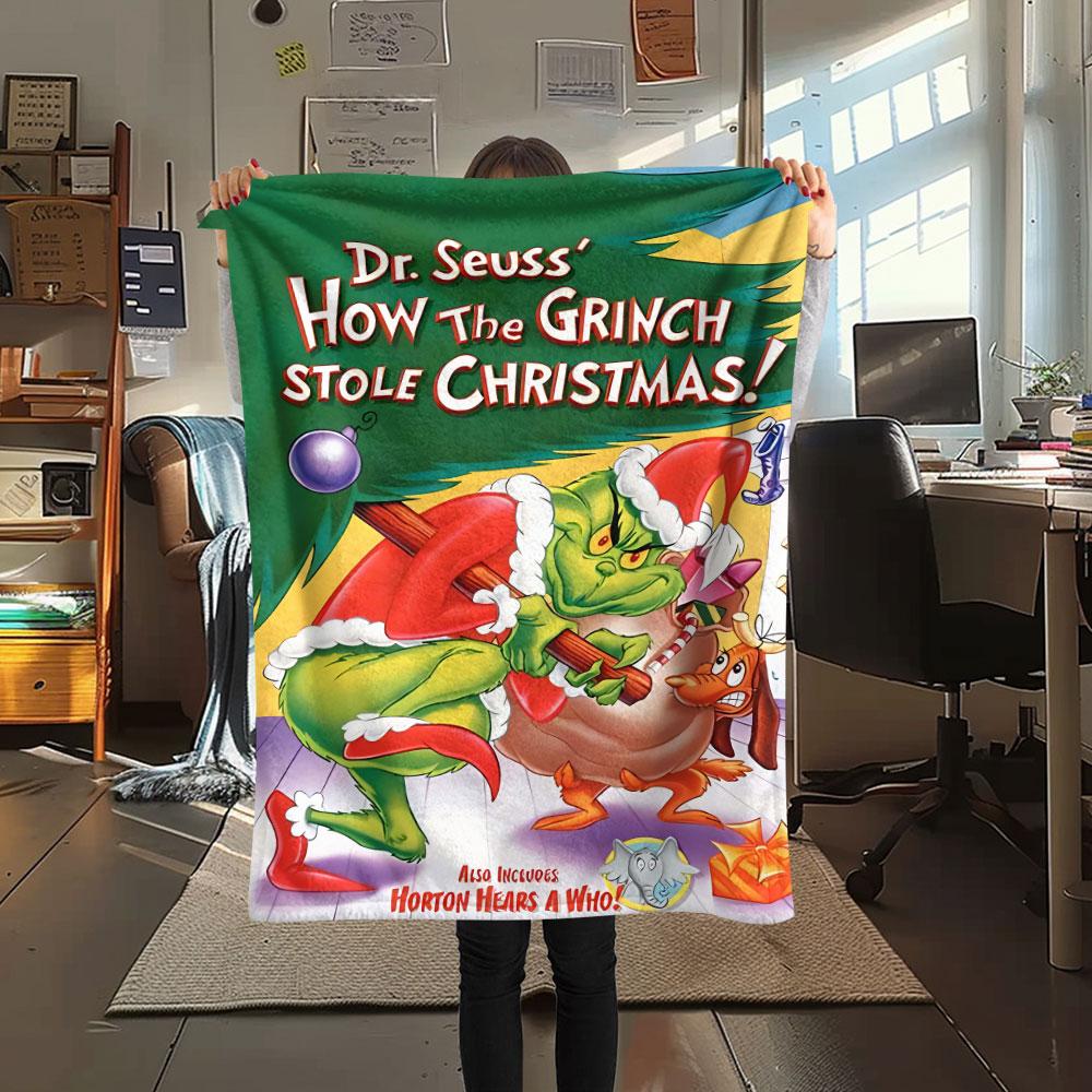 Christmas Grinch Cartoon Printing Flannel Blanket Bedroom Sofa Camping Warm Blanket Gifts for Family and friends-MJ020