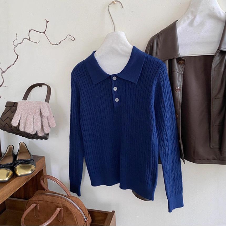 Polo Collar Long-sleeved Embroidered Twist Knitted Sweater for Women 1116 Autumn Soft Waxy Casual Foreign Style Bottomed Top for Women