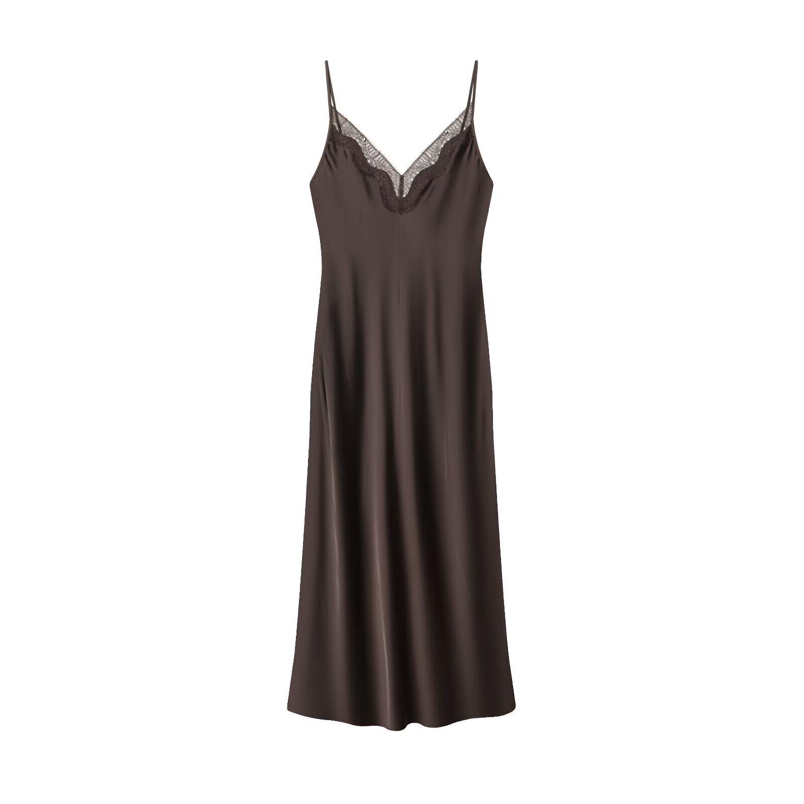 

2025 Autumn European & American Style Women s Patchwork Lace V-Neck Open Back Spaghetti Strap Dress M кавовий