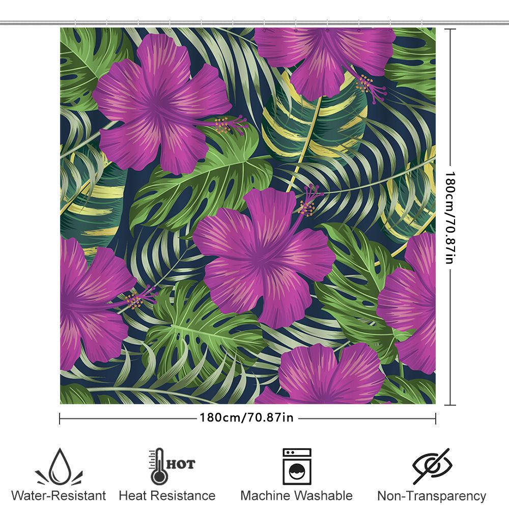 Modern Style Floral Print Shower Curtain for Bathroom Decor – Pink Hibiscus Green Leaves Pattern In Blue Watercolor Effect 72 X
