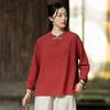 Women Vintage Embroidery T-Shirts Solid Color Stand Long Sleeve Autumn Button Soft T-Shirts