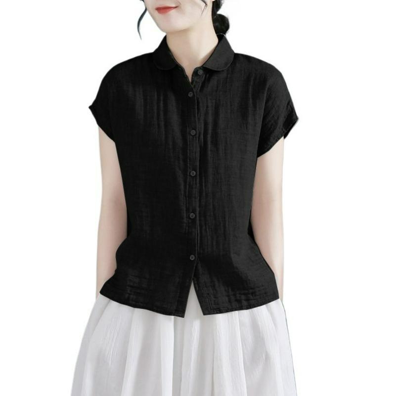 Cotton and Linen Shirt Ladies Sleeveless Blouse Summer Literary Casual Large Size Temperament Fashion Solid Color All-match Short-sleeved Shirt