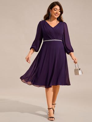 Ever-Pretty damskie sukienki plus size eleganckie midi z długimi rękawami typu latarnia dekolt w serek szyfonowe sukienki dla gości weselnych