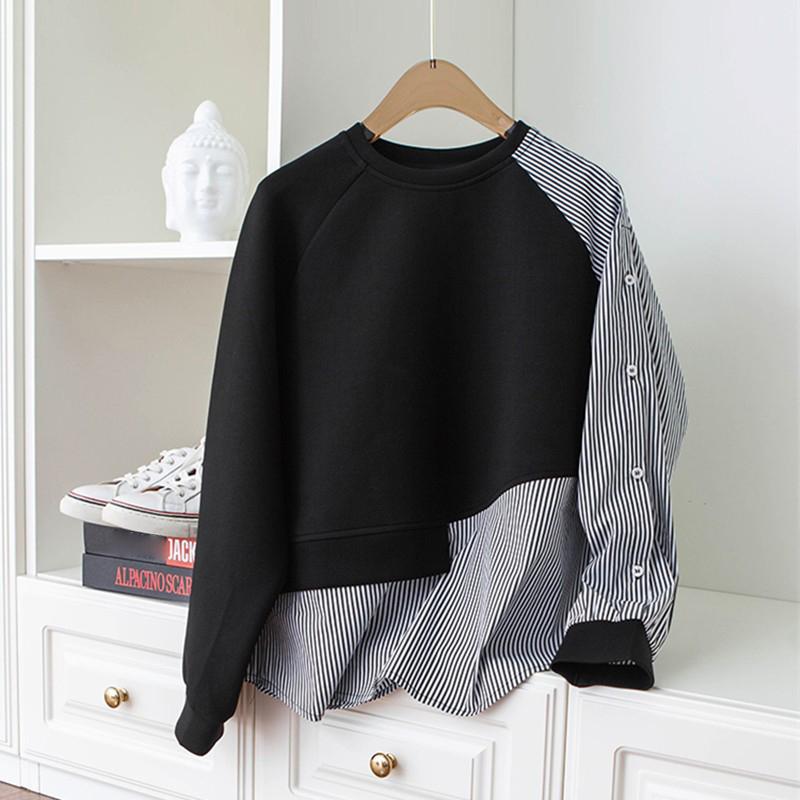 Damen-Sweatshirt mit gespleißtem Rundhalsausschnitt, unregelmäßig gestreift, lockeres Oberteil