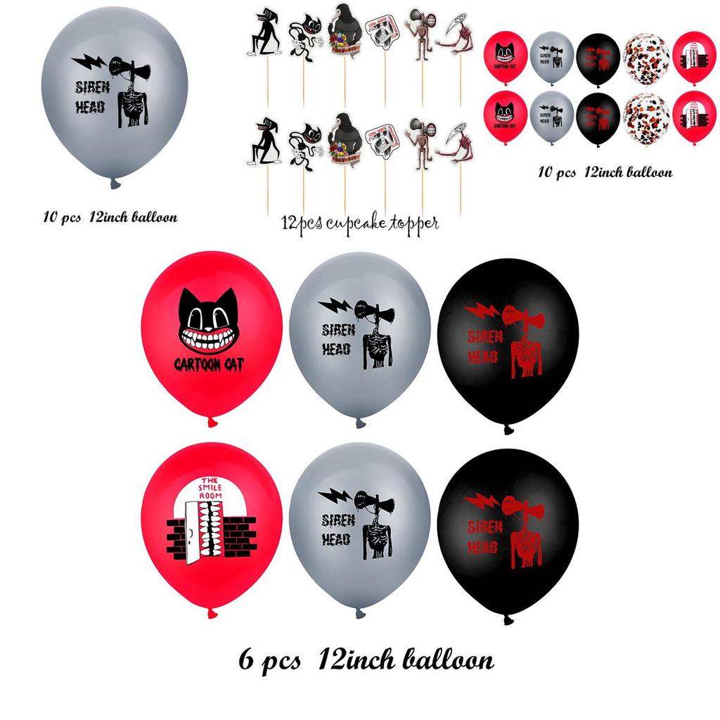 Scary Siren Head Cartoon Cat Horror Birthday Party Balloon Banner Cake Topper