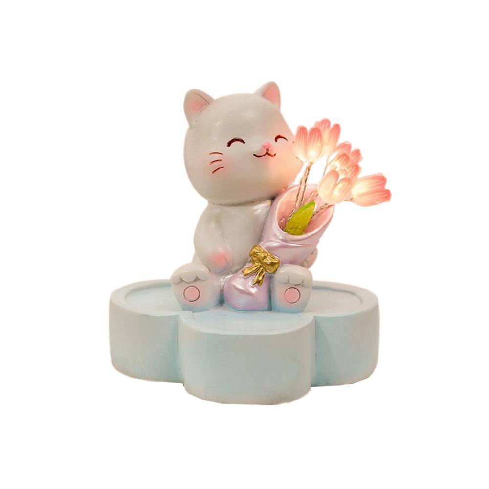 Kawaii Little Cat Tulip Night Light Cartoon Animal Bouquet Sculpture Bedroom