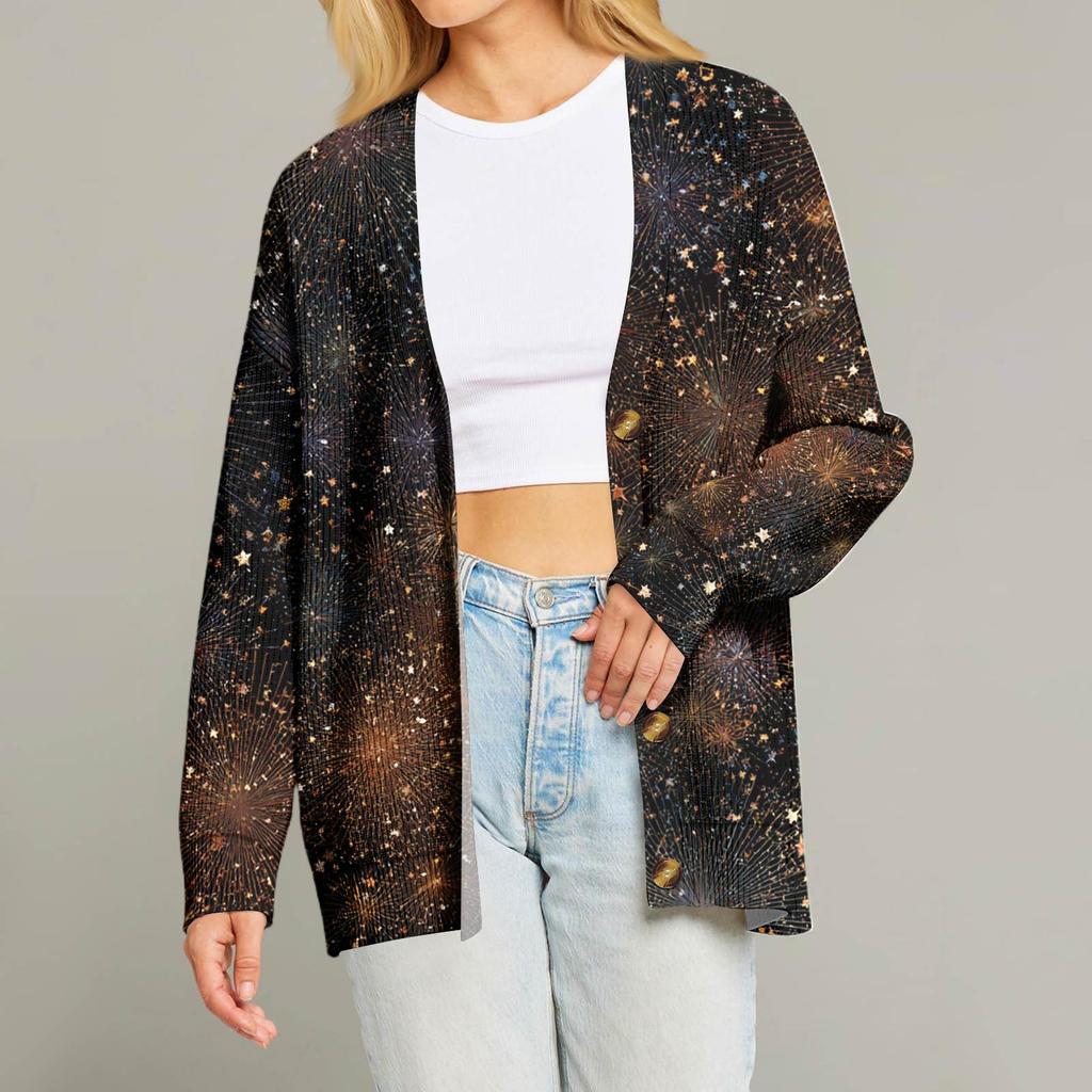 Women's Fashion Long Sleeve Christmas Print V-Neck Button Loose Cardigan Top