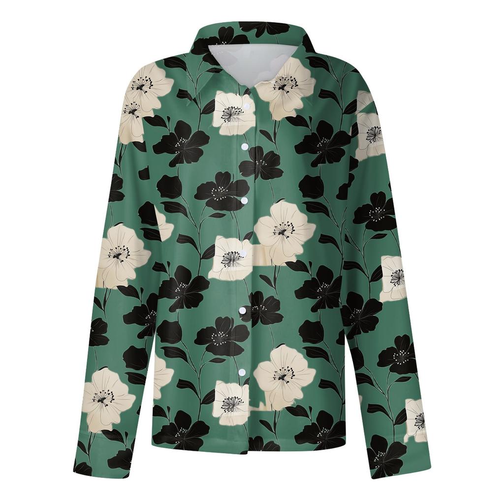 Women's Shirt With Floral Print Buttons, Long Sleeved Casual Regular Shirt Collar Top
