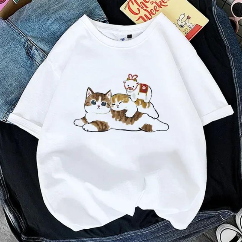Kawaii Cat Women Print Funny T-shirt Girl Animal Y2K Fashion 90S Print Tops Tee Gril Black White Clothes Drop Ship T-Shirts Women’s