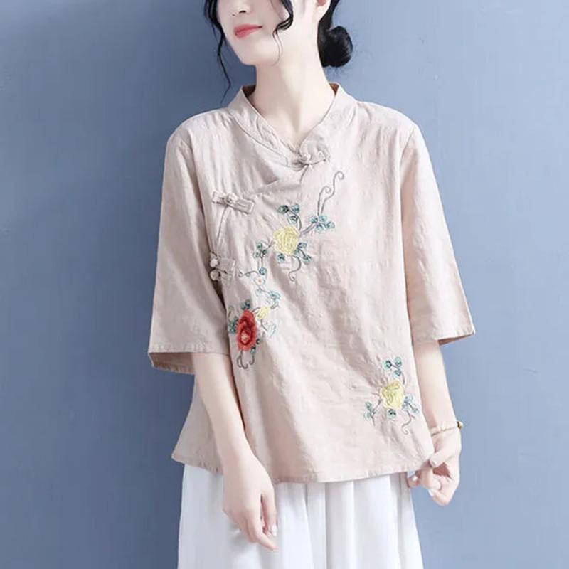 

Ethnic Style Large Size Cotton and Linen Shirt for Women Spring and Summer New Chinese Style Stand-up Collar Button-up Top 4XL хакі