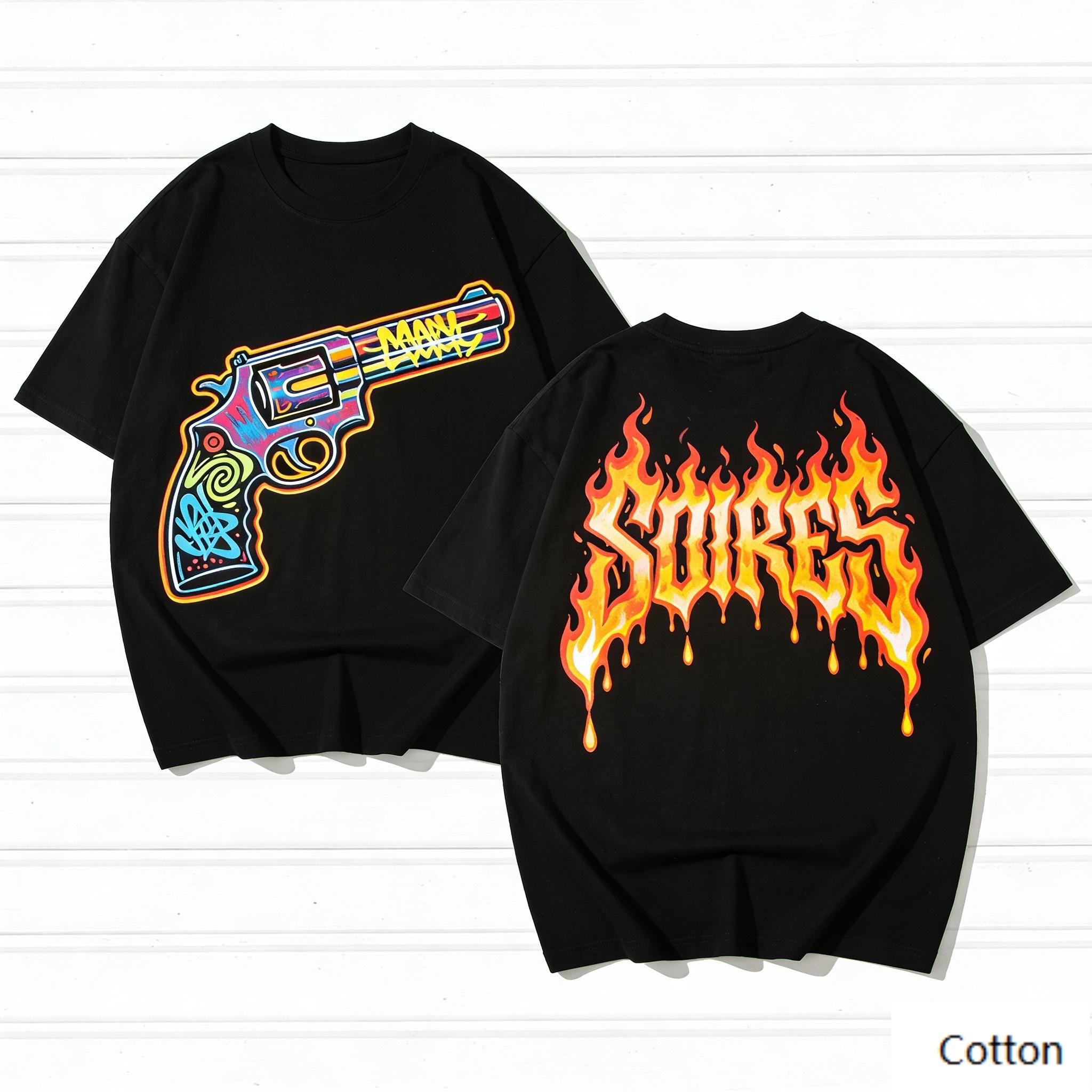 Colorful Graffiti Revolver Flame Drip Print Cotton T Shirt Unisex Women Gangsta Hip Hop Streetwear Loose Casual Tee S