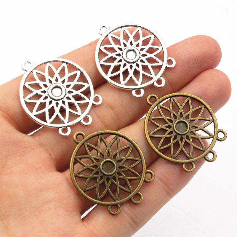 10pcs Metal Round Flower Charms Pendant with 3 Loops Connector Tassel Pendant 33x26mm DIY Jewelry Making Findings Accessories
