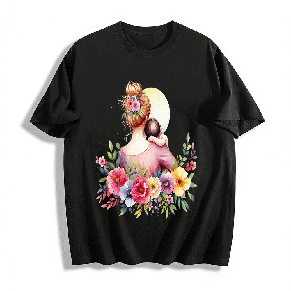 Floral Print Mom Holding Baby Casual Family Style Top Pure cotton T-shirt XXS