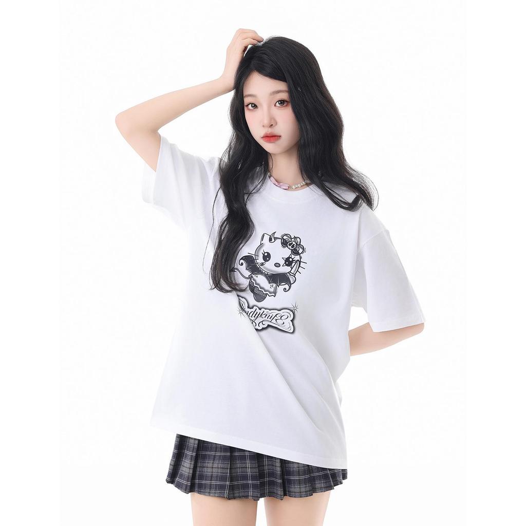 American Retro Short Sleeve Kitten Cartoon Women's Loose Top